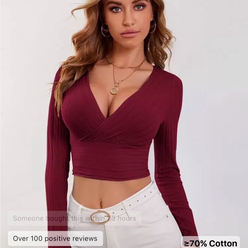 SHEIN Burgundy Long Sleeve V-Neck Wrap Crop Top